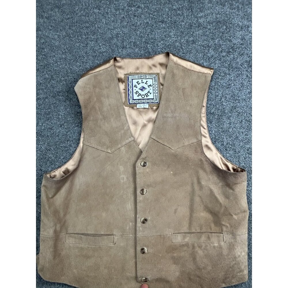 Pelle Sport Vest Mens Large Beige Suede Leather Button Front Lined Western